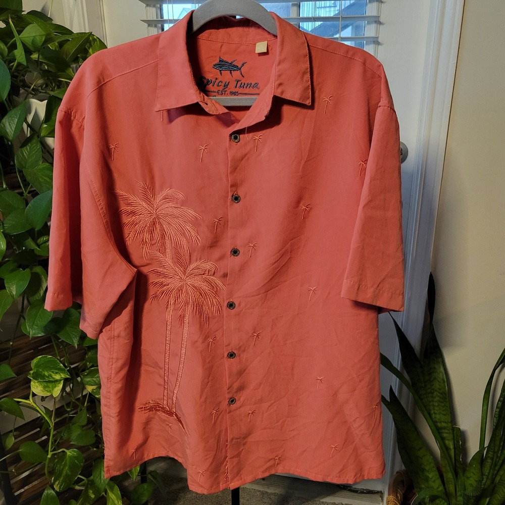 Spicy Tuna Mens Large Coral Orange Palm Tree Embroidered Camp Shirt M Button